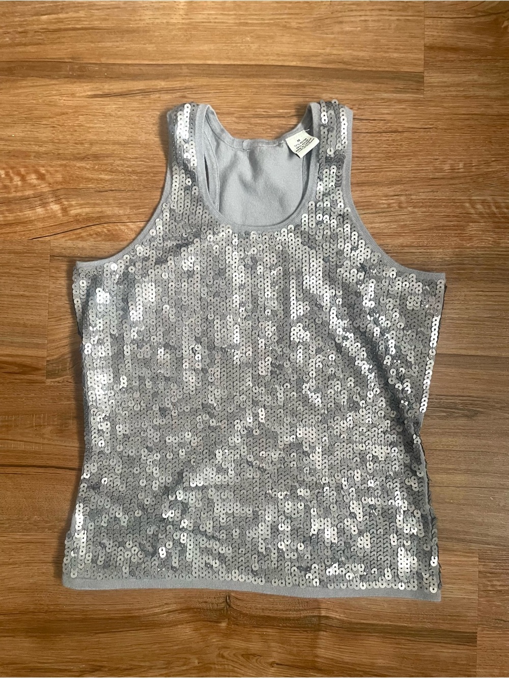 Y2K Pandemonium Silver Sequin Scoop Neck Tank Top - Women's